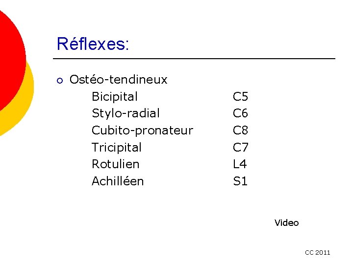 Réflexes: ¡ Ostéo-tendineux Bicipital Stylo-radial Cubito-pronateur Tricipital Rotulien Achilléen C 5 C 6 C