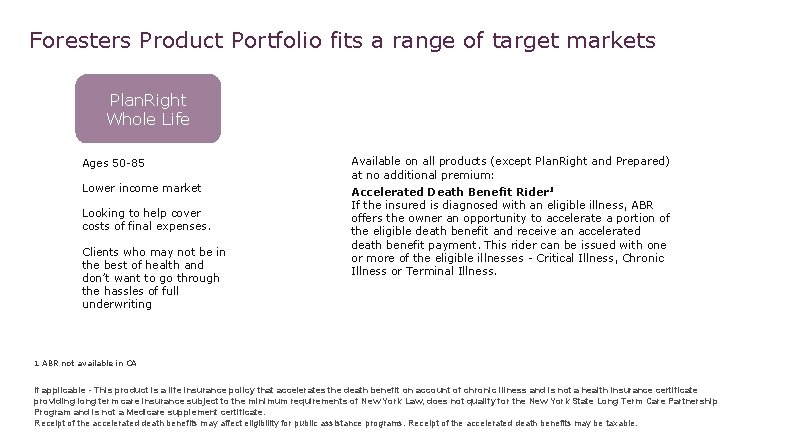 Foresters Product Portfolio fits a range of target markets Plan. Right Whole Life Ages