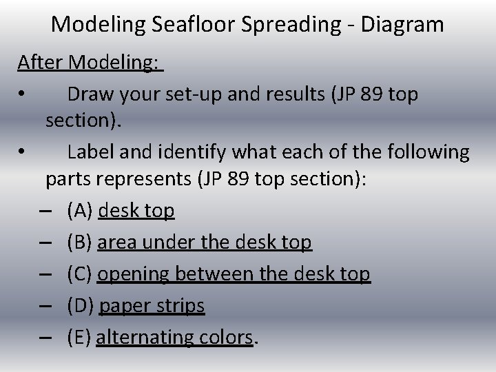 Modeling Seafloor Spreading - Diagram After Modeling: • Draw your set-up and results (JP