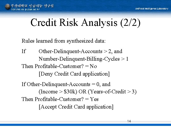 Credit Risk Analysis (2/2) Rules learned from synthesized data: If Other-Delinquent-Accounts > 2, and