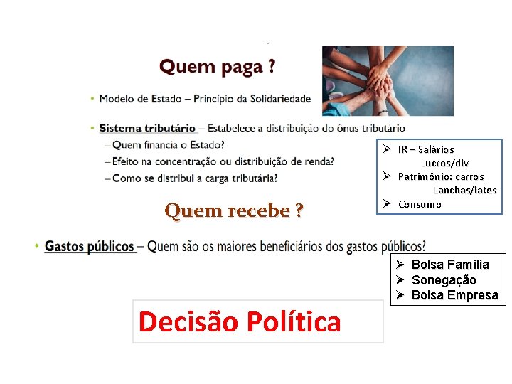 Quem recebe ? Decisão Política Ø IR – Salários Lucros/div Ø Patrimônio: carros Lanchas/iates