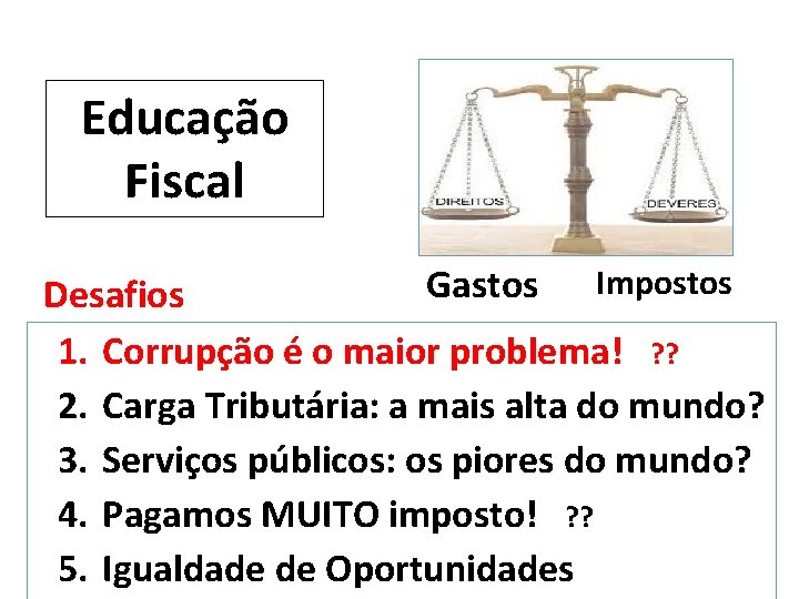 Educação Fiscal Gastos Impostos Desafios 1. Corrupção é o maior problema! ? ? 2.