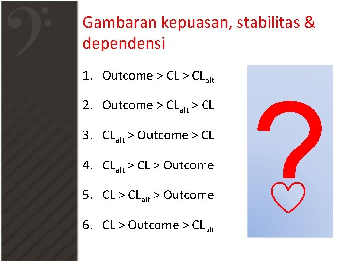 Gambaran kepuasan, stabilitas & dependensi 1. Outcome > CLalt 2. Outcome > CLalt >