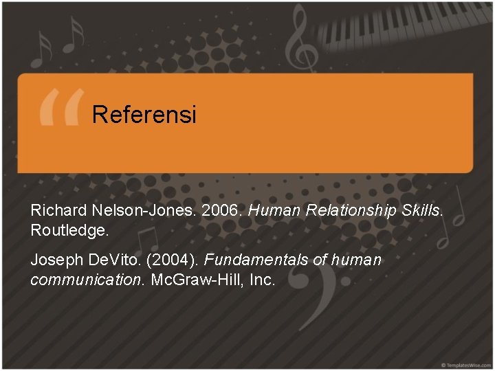 Referensi Richard Nelson-Jones. 2006. Human Relationship Skills. Routledge. Joseph De. Vito. (2004). Fundamentals of