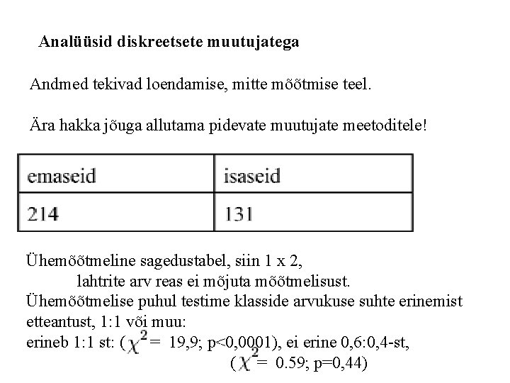 Analüüsid diskreetsete muutujatega Andmed tekivad loendamise, mitte mõõtmise teel. Ära hakka jõuga allutama pidevate