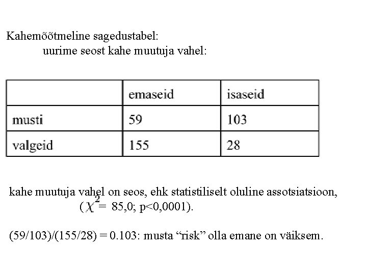 Kahemõõtmeline sagedustabel: uurime seost kahe muutuja vahel: kahe muutuja vahel on seos, ehk statistiliselt