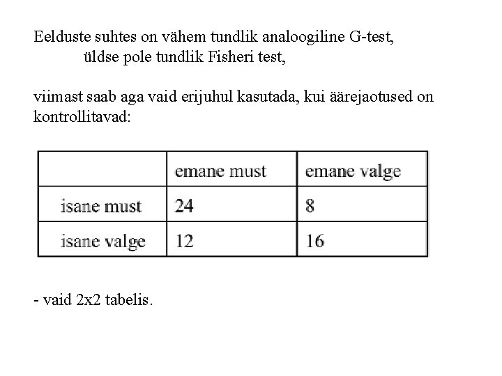 Eelduste suhtes on vähem tundlik analoogiline G-test, üldse pole tundlik Fisheri test, viimast saab