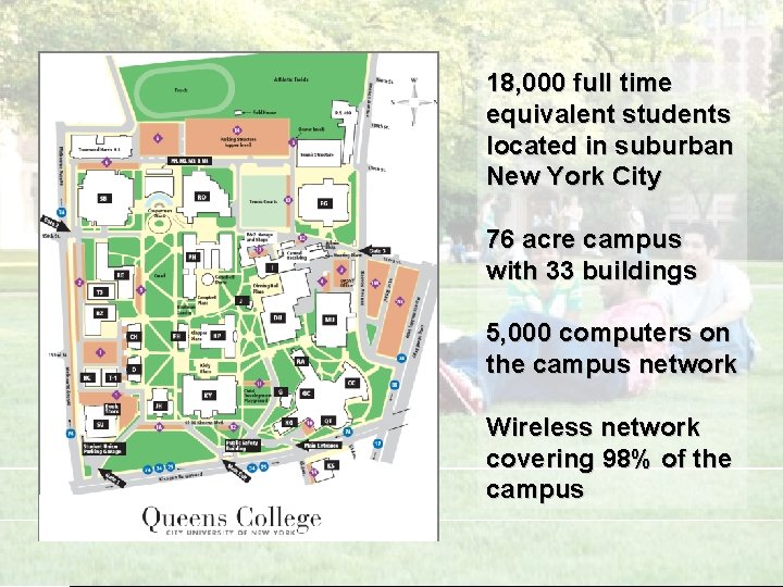 18, 000 full time equivalent students located in suburban New York City 76 acre
