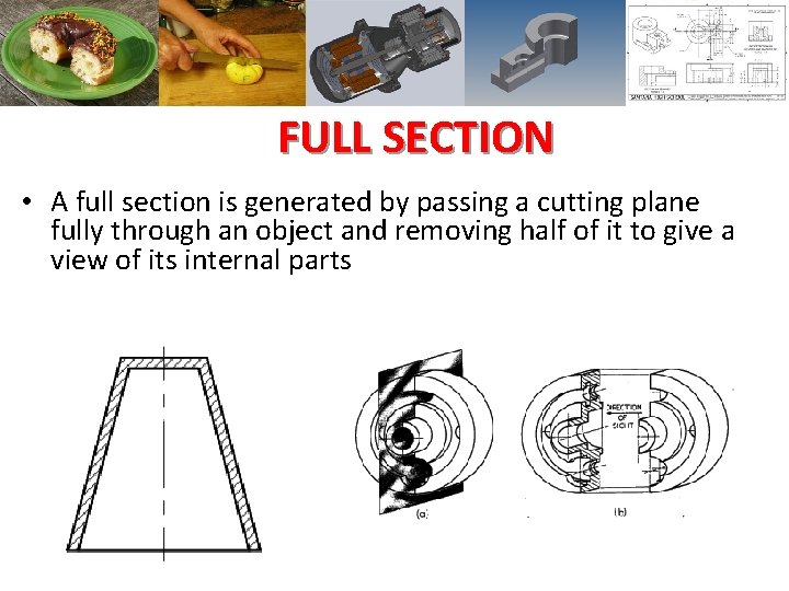 FULL SECTION • A full section is generated by passing a cutting plane fully