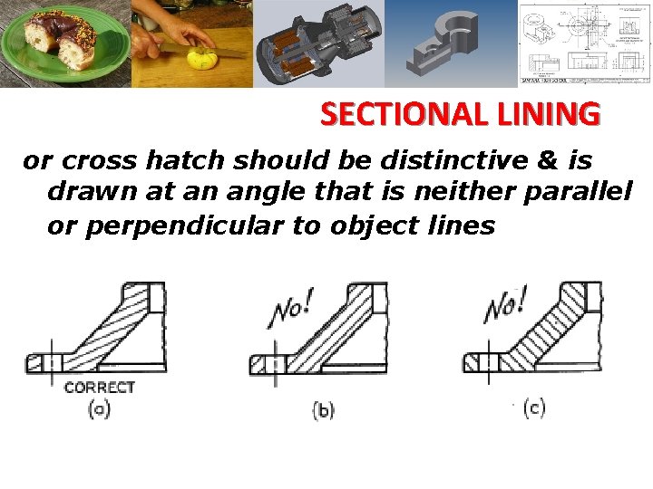 SECTIONAL LINING or cross hatch should be distinctive & is drawn at an angle