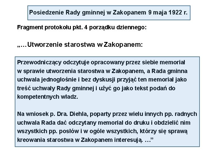 Posiedzenie Rady gminnej w Zakopanem 9 maja 1922 r. Fragment protokołu pkt. 4 porządku