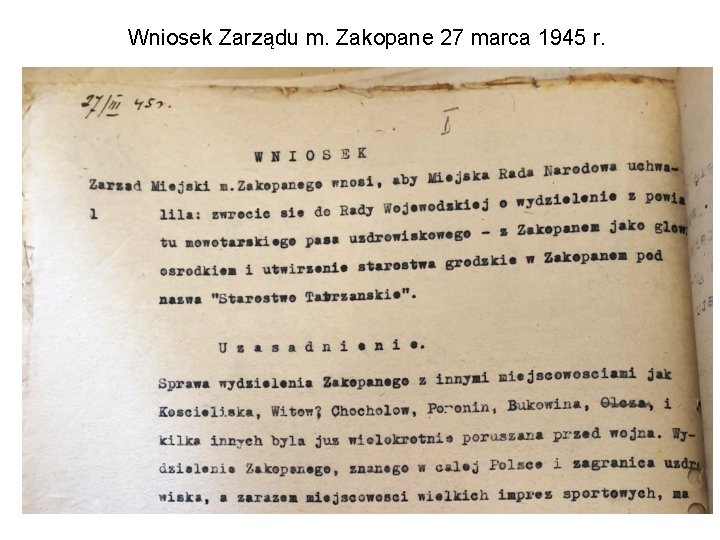 Wniosek Zarządu m. Zakopane 27 marca 1945 r. 