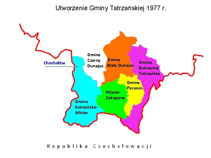 Utworzenie Gminy Tatrzańskiej 1977 r. Gmina Czarny Gmina Dunajec Biały Dunajec Chochołów Gmina Kościelisko.
