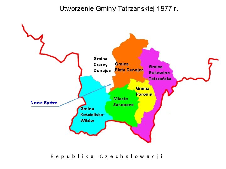 Utworzenie Gminy Tatrzańskiej 1977 r. Gmina Czarny Gmina Dunajec Biały Dunajec Nowe Bystre Gmina
