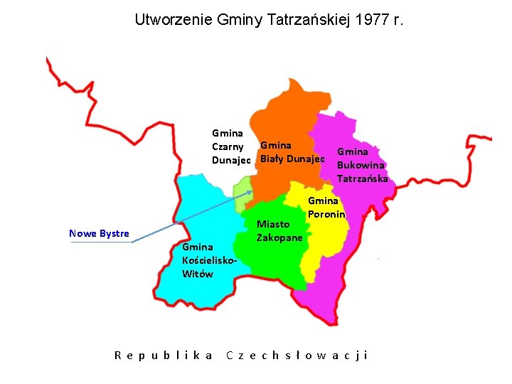 Utworzenie Gminy Tatrzańskiej 1977 r. Gmina Czarny Gmina Dunajec Biały Dunajec Nowe Bystre Gmina