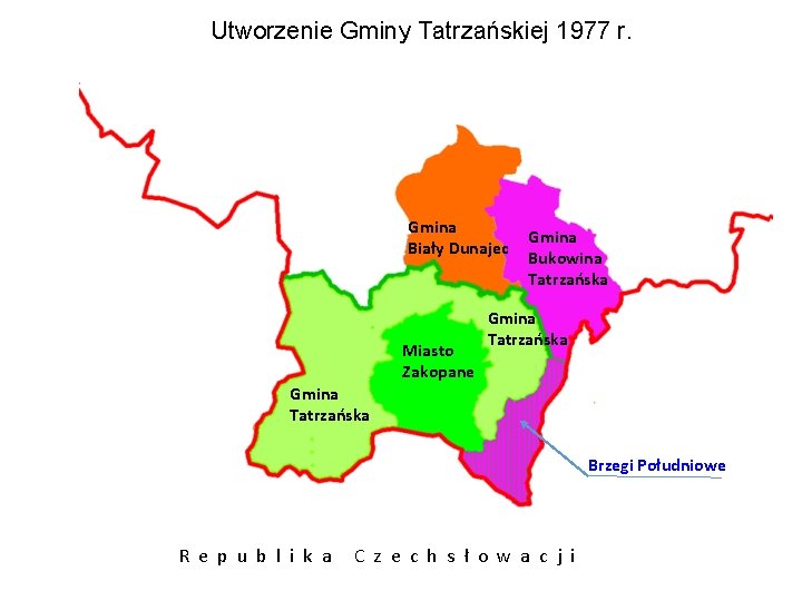Utworzenie Gminy Tatrzańskiej 1977 r. Gmina Biały Dunajec Miasto Zakopane Gmina Bukowina Tatrzańska Gmina
