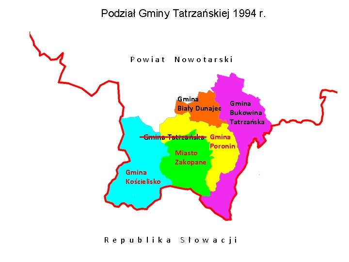 Podział Gminy Tatrzańskiej 1994 r. Powiat Nowotarski Gmina Biały Dunajec Gmina Bukowina Tatrzańska Gmina