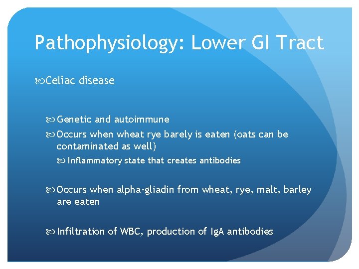 Pathophysiology: Lower GI Tract Celiac disease Genetic and autoimmune Occurs when wheat rye barely