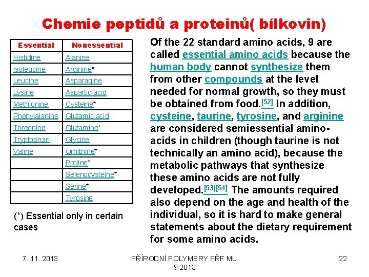 Chemie peptidů a proteinů( bílkovin) Essential Nonessential Histidine Alanine Isoleucine Arginine* Leucine Asparagine Lysine
