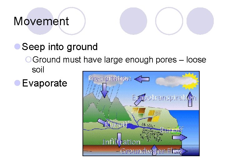 Movement Seep into ground ¡Ground must have large enough pores – loose soil Evaporate