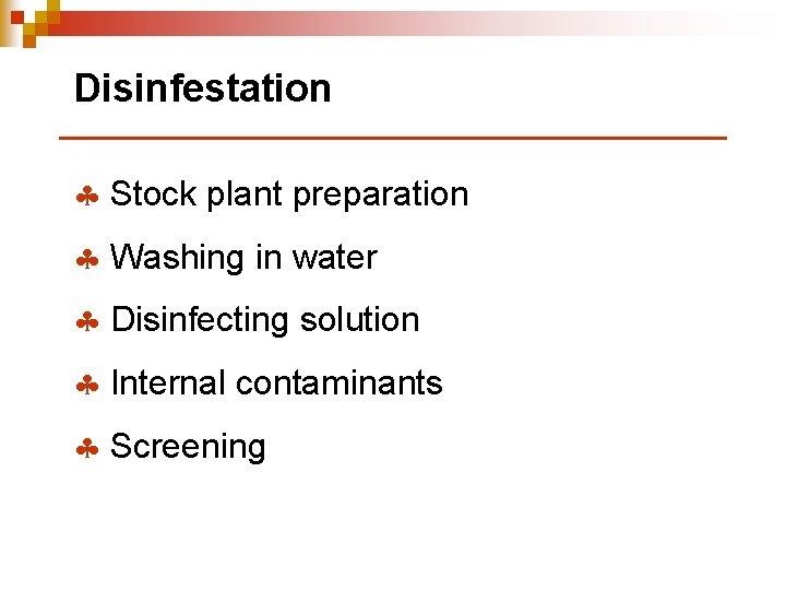 Disinfestation § Stock plant preparation § Washing in water § Disinfecting solution § Internal