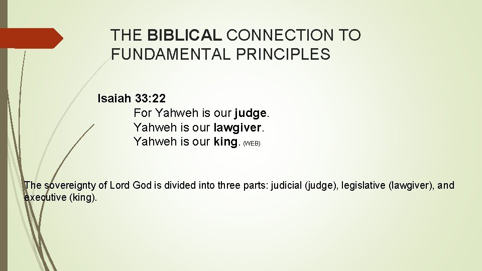 THE BIBLICAL CONNECTION TO FUNDAMENTAL PRINCIPLES Isaiah 33: 22 For Yahweh is our judge.