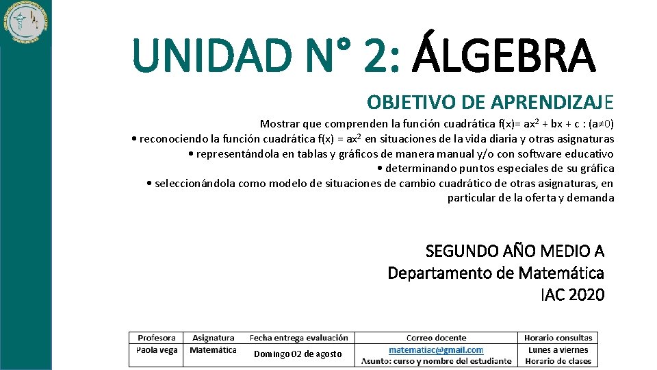 UNIDAD N° 2: ÁLGEBRA OBJETIVO DE APRENDIZAJE Mostrar que comprenden la función cuadrática f(x)=