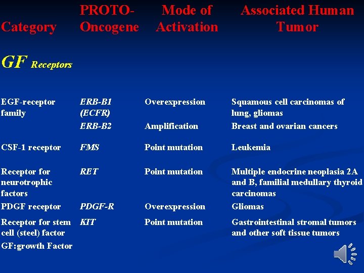 Category PROTOOncogene Mode of Activation Associated Human Tumor GF Receptors EGF-receptor family ERB-B 1