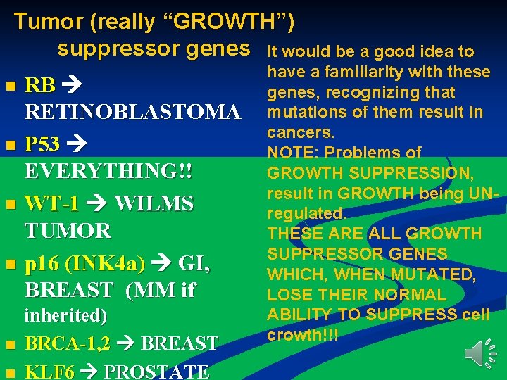 Tumor (really “GROWTH”) suppressor genes It would be a good idea to RB RETINOBLASTOMA