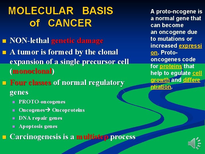 MOLECULAR BASIS of CANCER n n n NON-lethal genetic damage A tumor is formed