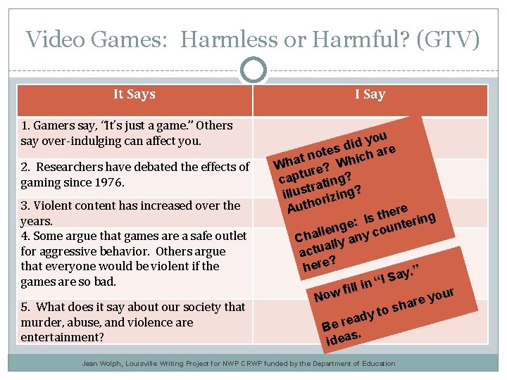 Video Games: Harmless or Harmful? (GTV) It Says 1. Gamers say, “It’s just a