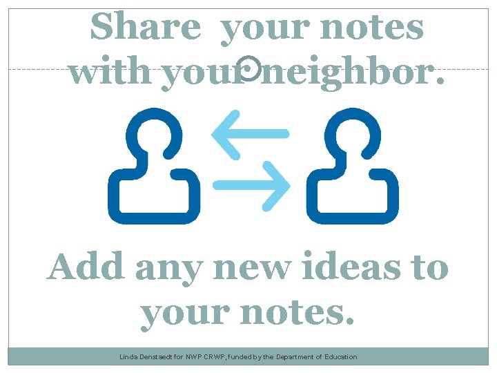 Share your notes with your neighbor. Add any new ideas to your notes. Linda Share your notes with your neighbor. Add any new ideas to your notes. Linda