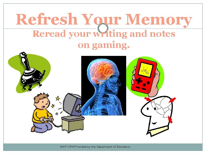 Refresh Your Memory Reread your writing and notes on gaming. NWP CRWP funded by Refresh Your Memory Reread your writing and notes on gaming. NWP CRWP funded by