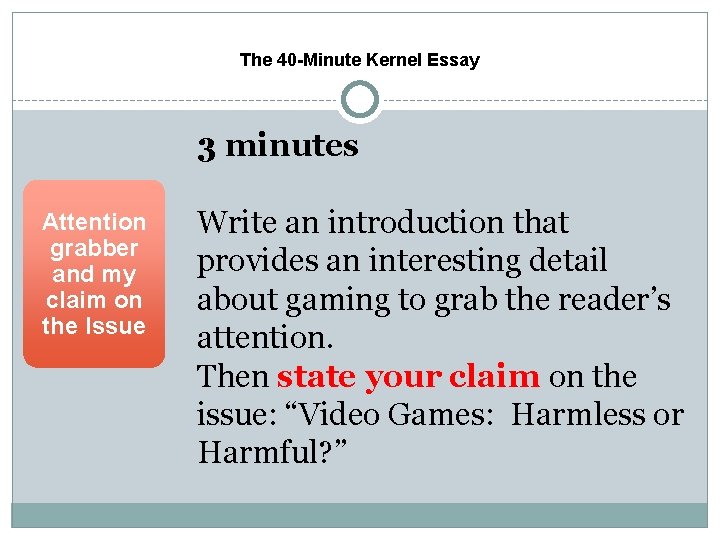 The 40 -Minute Kernel Essay 3 minutes Attention grabber and my claim on the