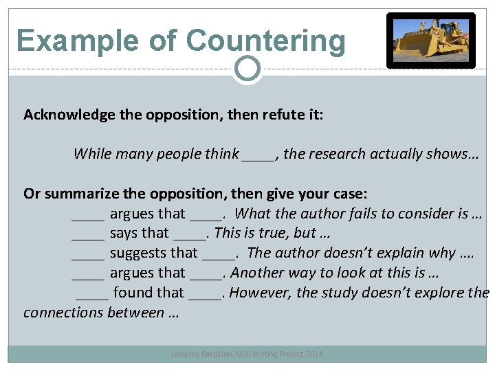 Example of Countering Acknowledge the opposition, then refute it: While many people think ____, Example of Countering Acknowledge the opposition, then refute it: While many people think ____,