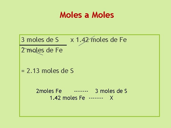 Moles a Moles 3 moles de S x 1. 42 moles de Fe =