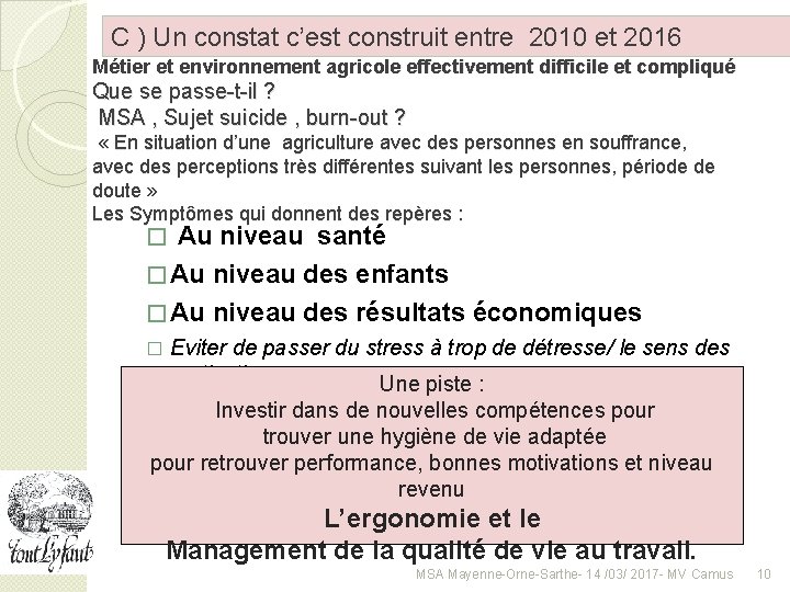 C ) Un constat c’est construit entre 2010 et 2016 Métier et environnement agricole