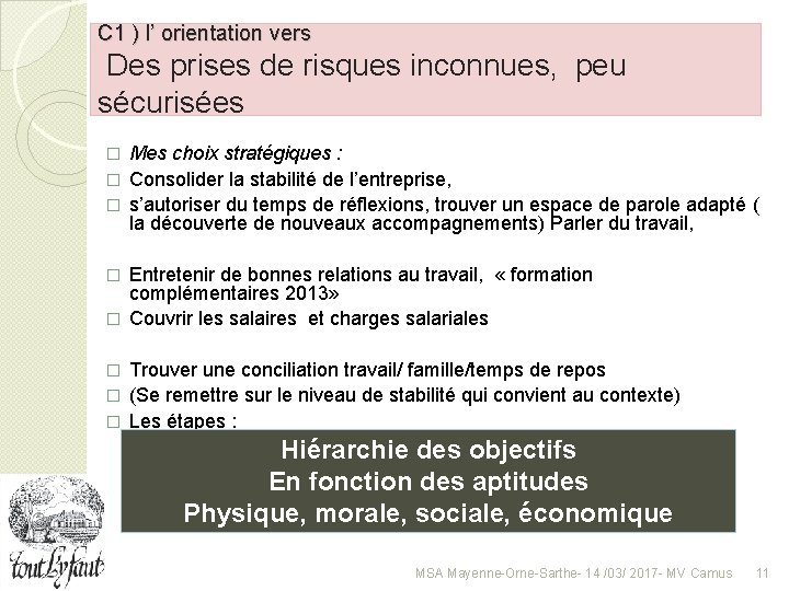 C 1 ) l’ orientation vers Des prises de risques inconnues, peu sécurisées Mes