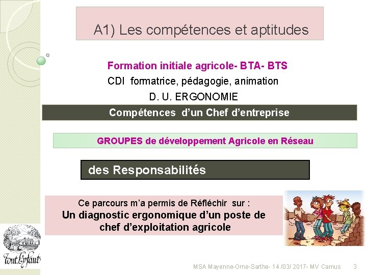 A 1) Les compétences et aptitudes Formation initiale agricole- BTA- BTS CDI formatrice, pédagogie,