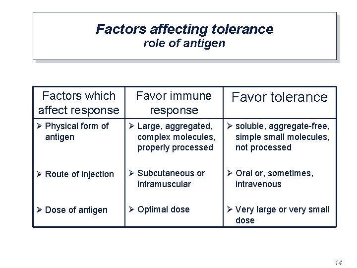 Factors affecting tolerance role of antigen Factors which affect response Favor immune response Favor