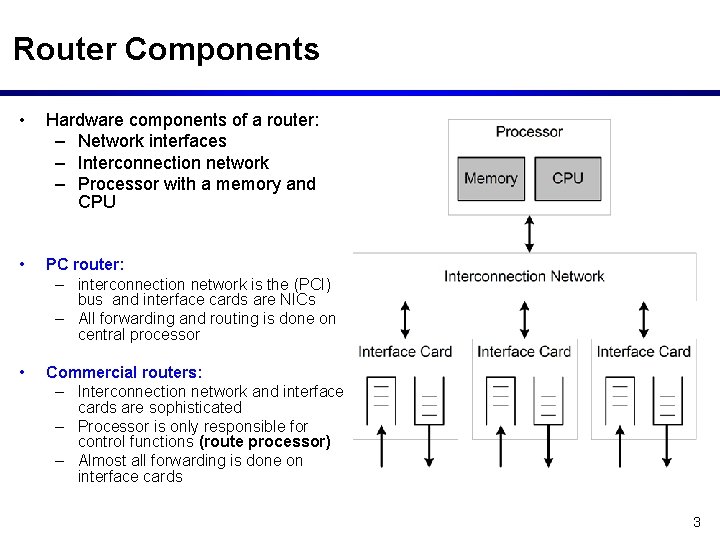 Router Components • Hardware components of a router: – Network interfaces – Interconnection network