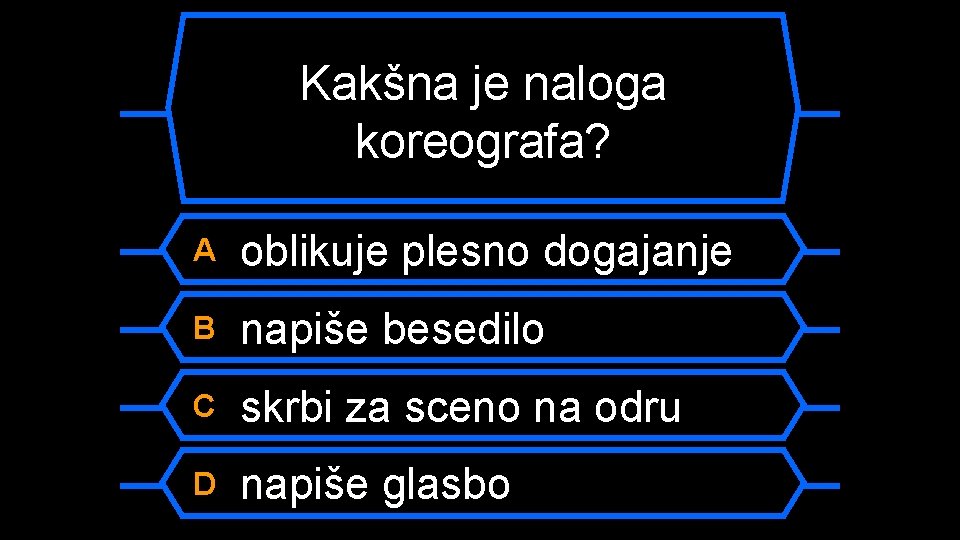 Kakšna je naloga koreografa? A oblikuje plesno dogajanje B napiše besedilo C skrbi za