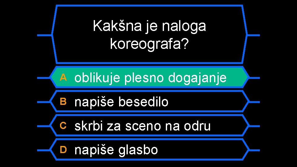 Kakšna je naloga koreografa? A oblikuje plesno dogajanje B napiše besedilo C skrbi za