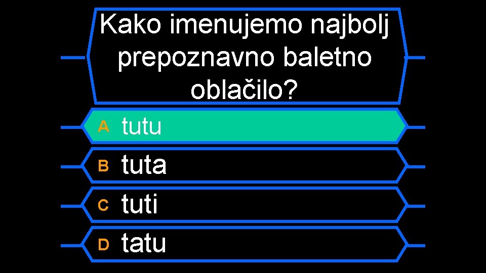 Kako imenujemo najbolj prepoznavno baletno oblačilo? A tutu B tuta tuti tatu C D