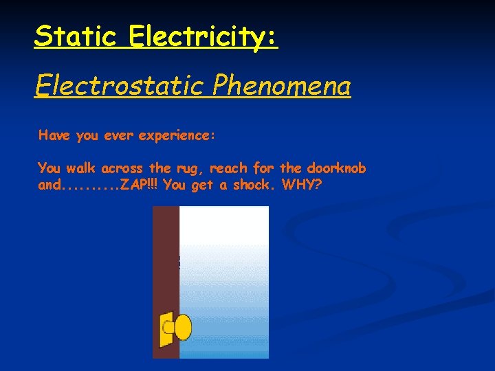 Static Electricity: Electrostatic Phenomena Have you ever experience: You walk across the rug, reach