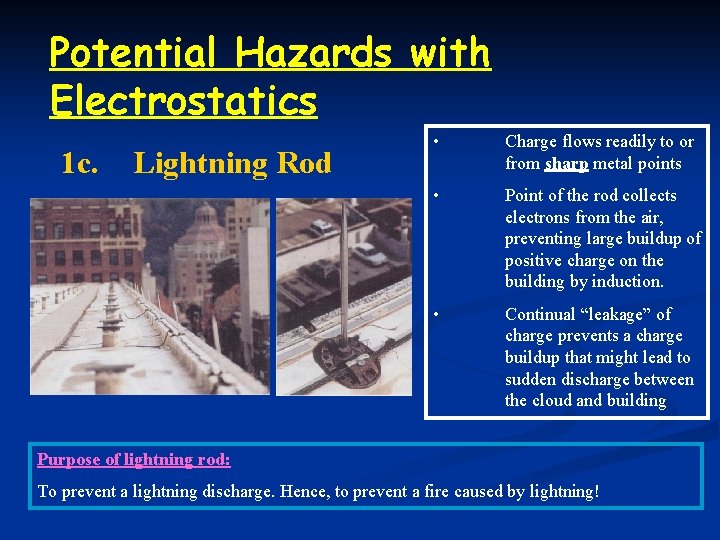 Potential Hazards with Electrostatics 1 c. Lightning Rod • Charge flows readily to or