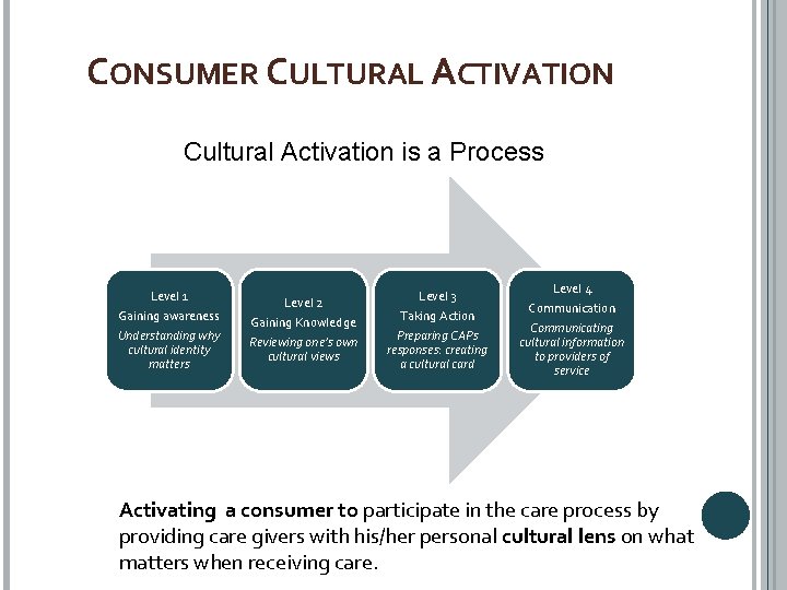 CONSUMER CULTURAL ACTIVATION Cultural Activation is a Process Level 1 Gaining awareness Understanding why