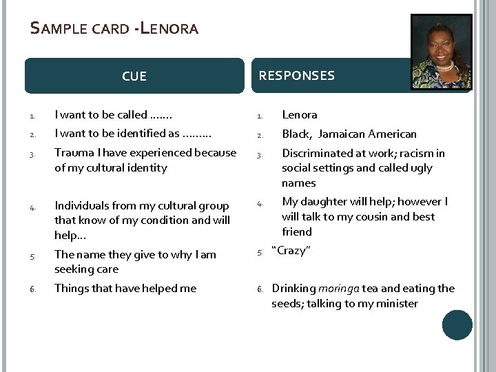 SAMPLE CARD -LENORA CUE RESPONSES 1. I want to be called ……. 1. Lenora