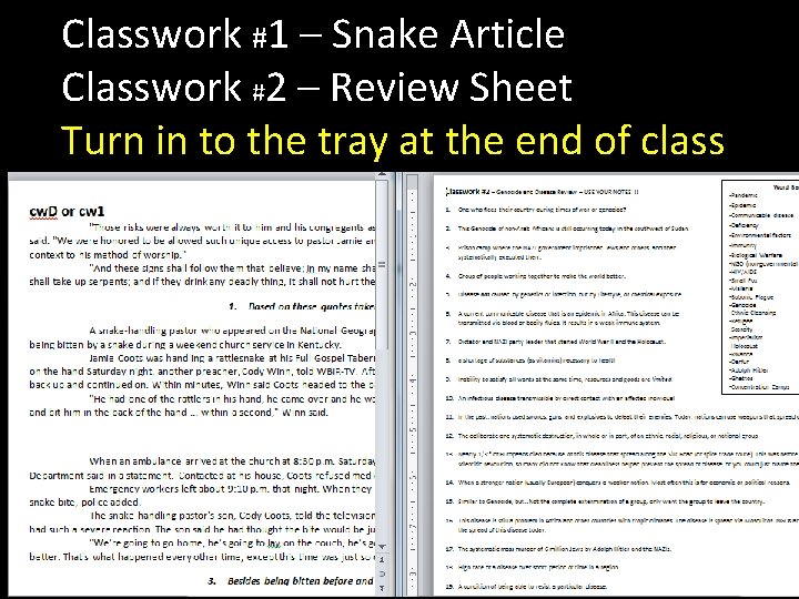 Classwork #1 – Snake Article Classwork #2 – Review Sheet Turn in to the