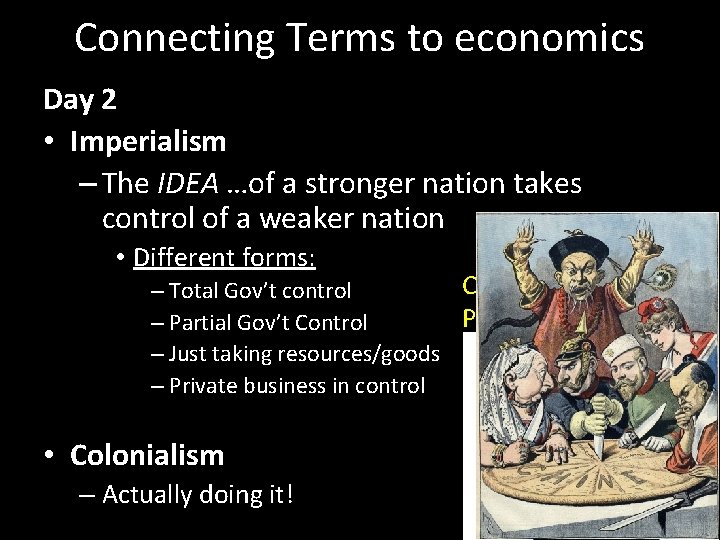 Connecting Terms to economics Day 2 • Imperialism – The IDEA …of a stronger